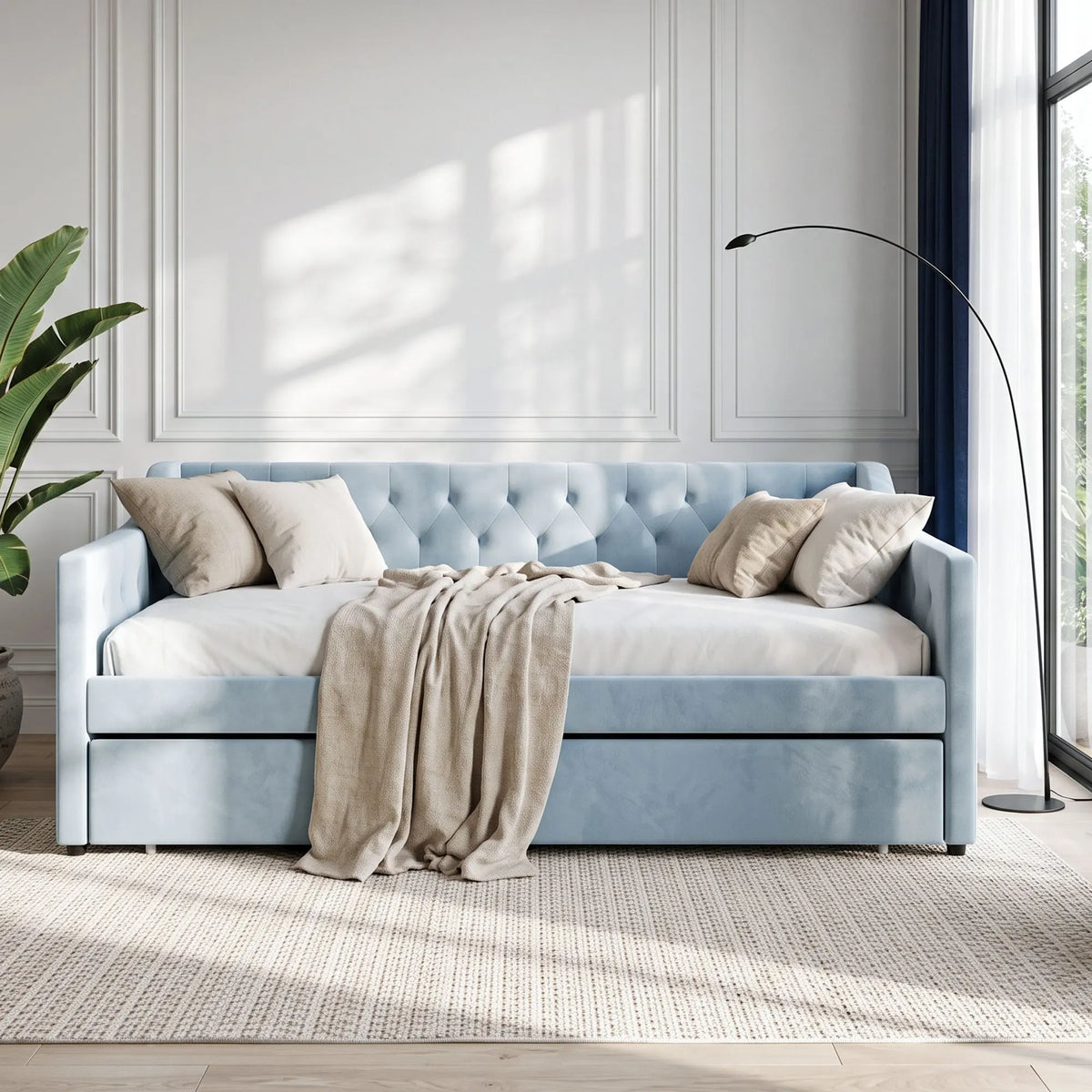 Artiss King Single Buttonless Tufted Daybed with Pull-Out Trundle, Light Blue - Image 9