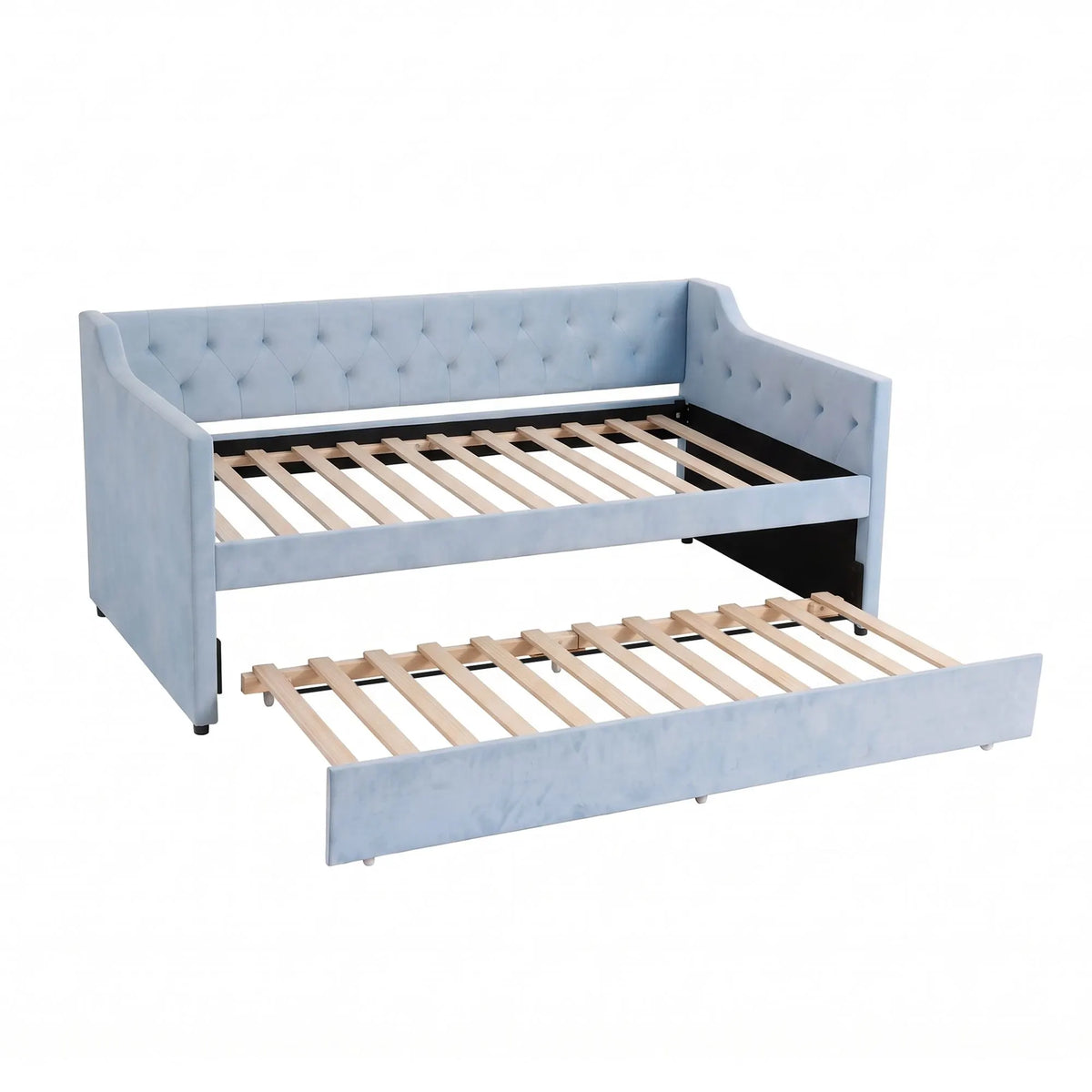 Artiss Single Buttonless Tufted Daybed Frame & Trundle, Blue - Image 2