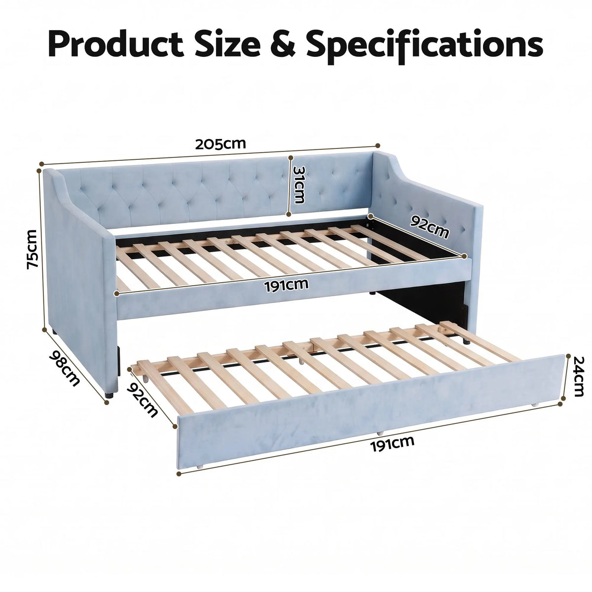 Artiss Single Buttonless Tufted Daybed Frame & Trundle, Blue - Image 3