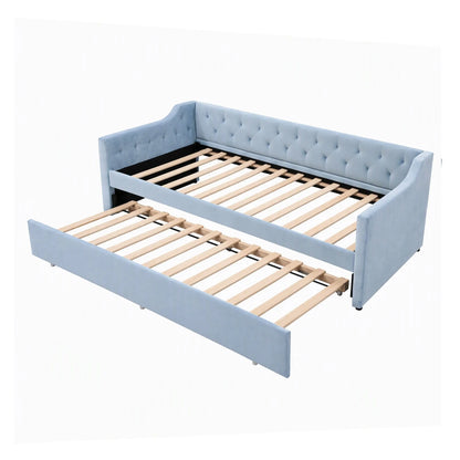 Artiss Single Buttonless Tufted Daybed Frame & Trundle, Blue - Image 4