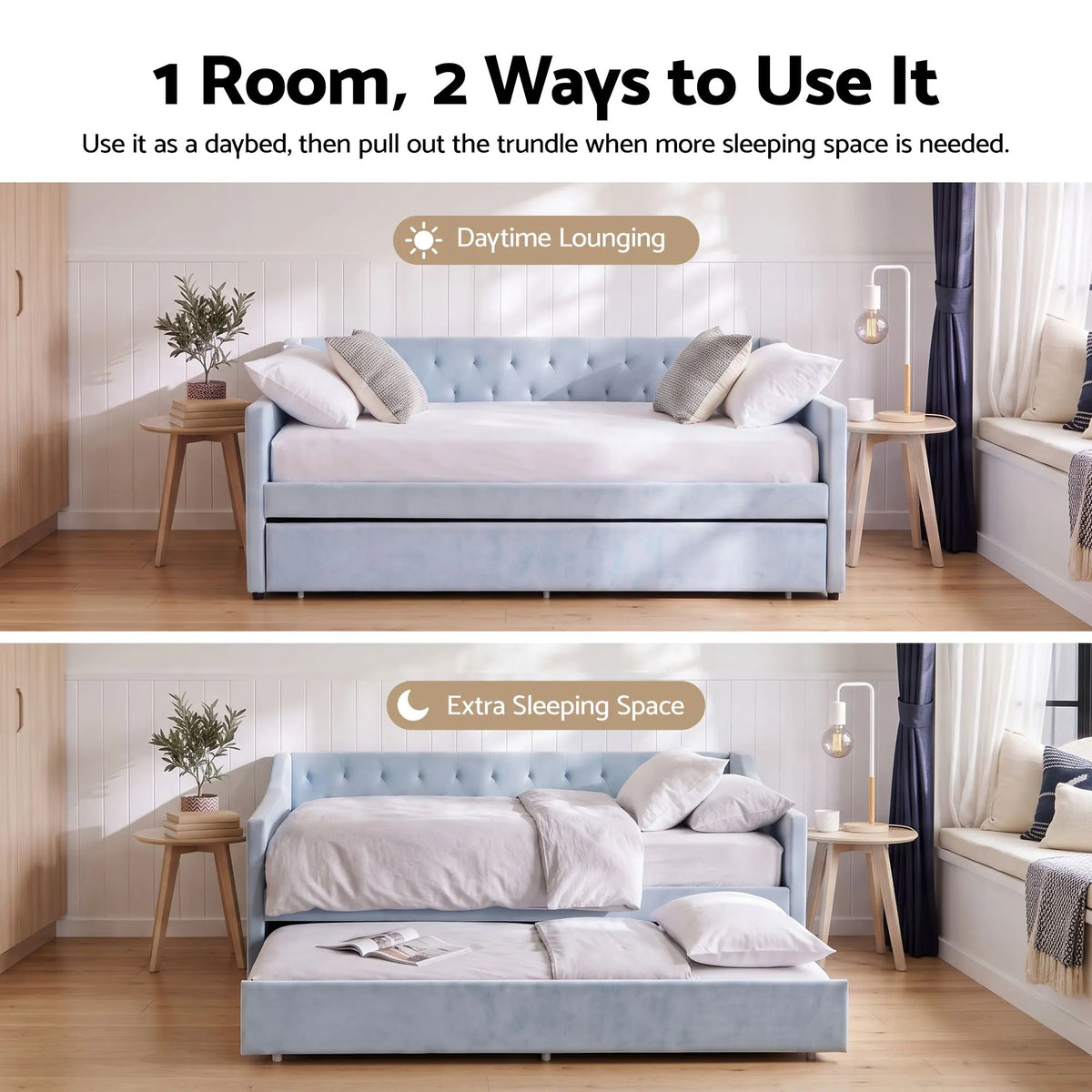 Artiss Single Buttonless Tufted Daybed Frame & Trundle, Blue - Image 6