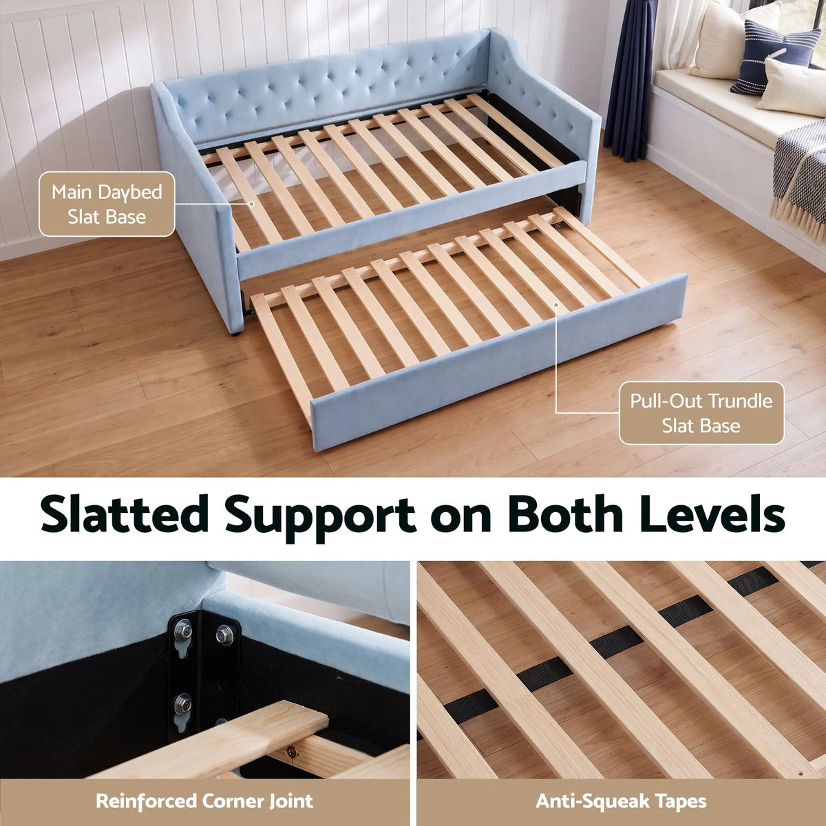 Artiss Single Buttonless Tufted Daybed Frame & Trundle, Blue - Image 8