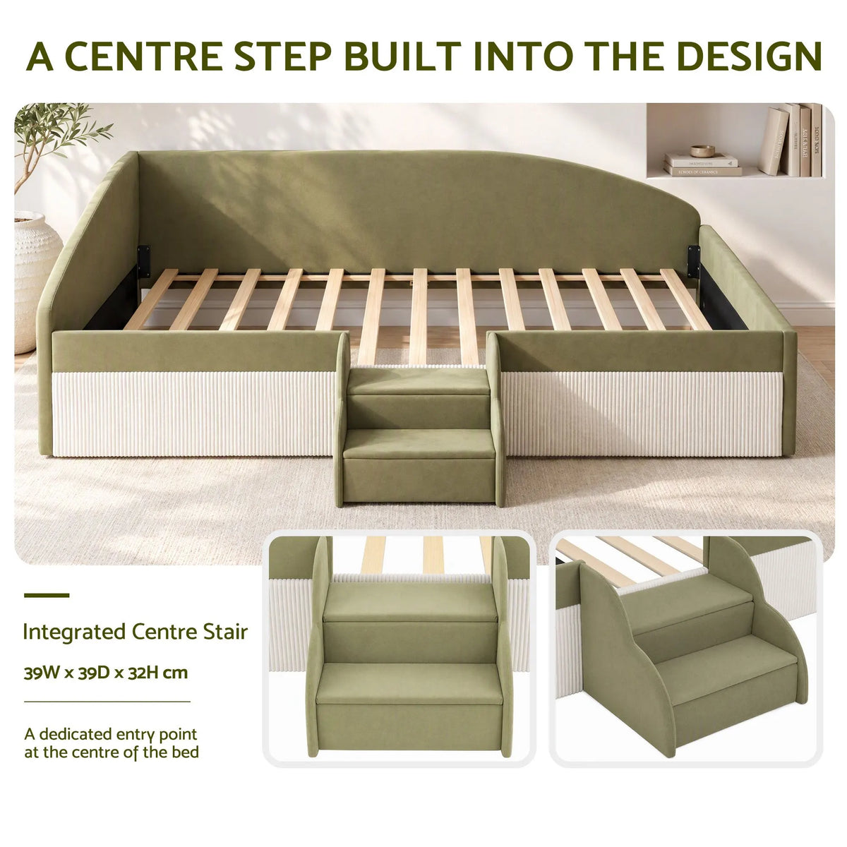 Artiss King Single Upholstered Daybed Sofa Bed with Centre Stairs, Olive - Image 5