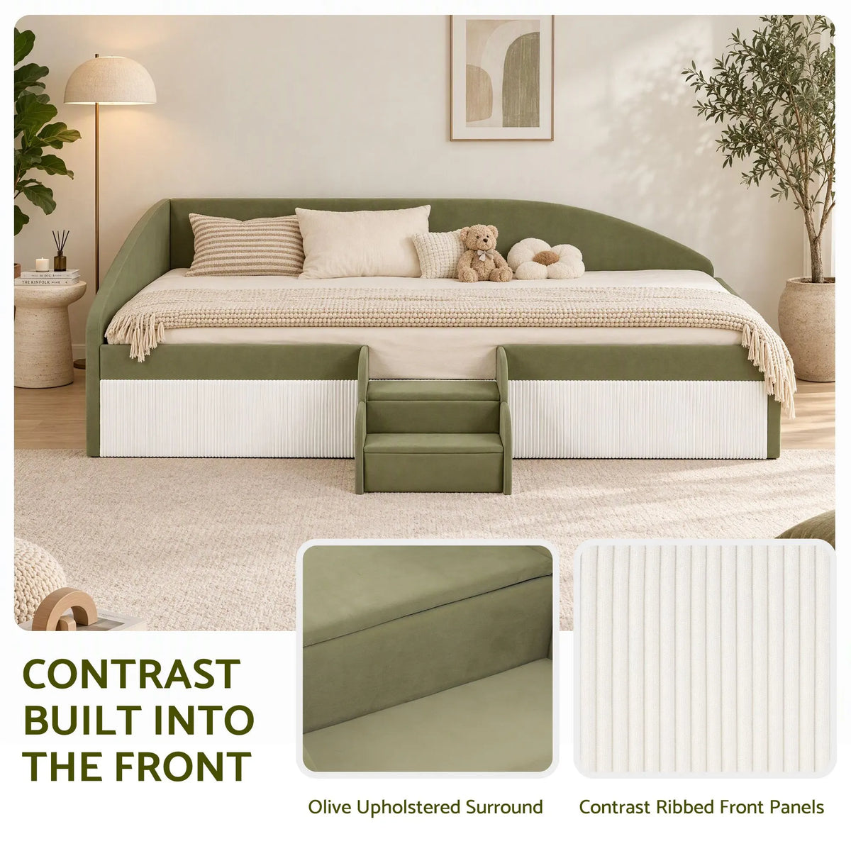 Artiss Single Upholstered Daybed, Centre Stair, Olive Green - Image 7