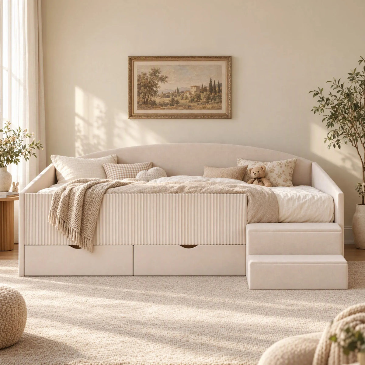 Artiss King Single Upholstered Daybed with Stairs & Storage Drawers, Beige