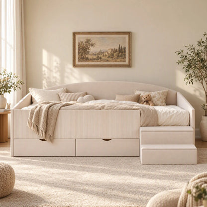 Artiss King Single Upholstered Daybed with Stairs & Storage Drawers, Beige
