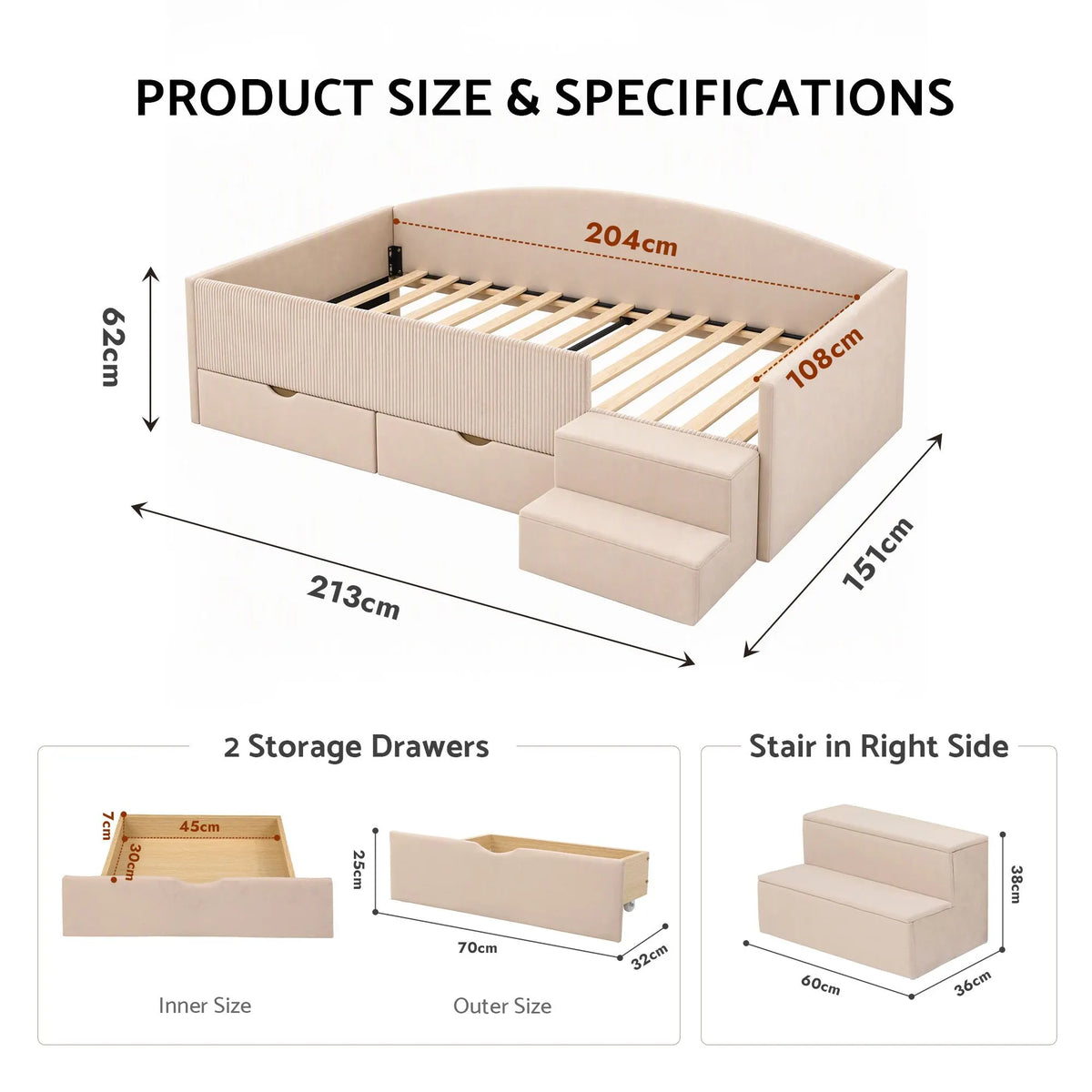 Artiss King Single Upholstered Daybed with Stairs & Storage Drawers, Beige - Image 3