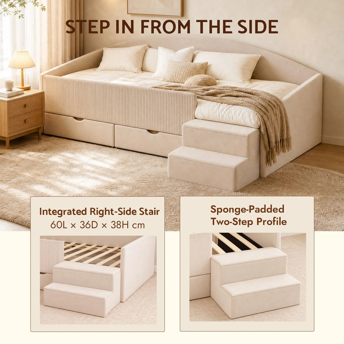 Artiss King Single Upholstered Daybed with Stairs & Storage Drawers, Beige - Image 5