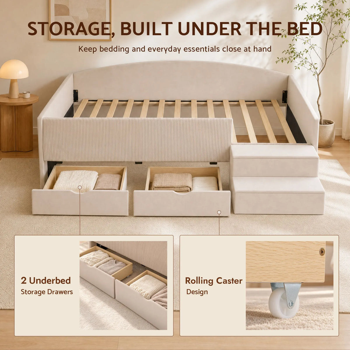 Artiss King Single Upholstered Daybed with Stairs & Storage Drawers, Beige - Image 6