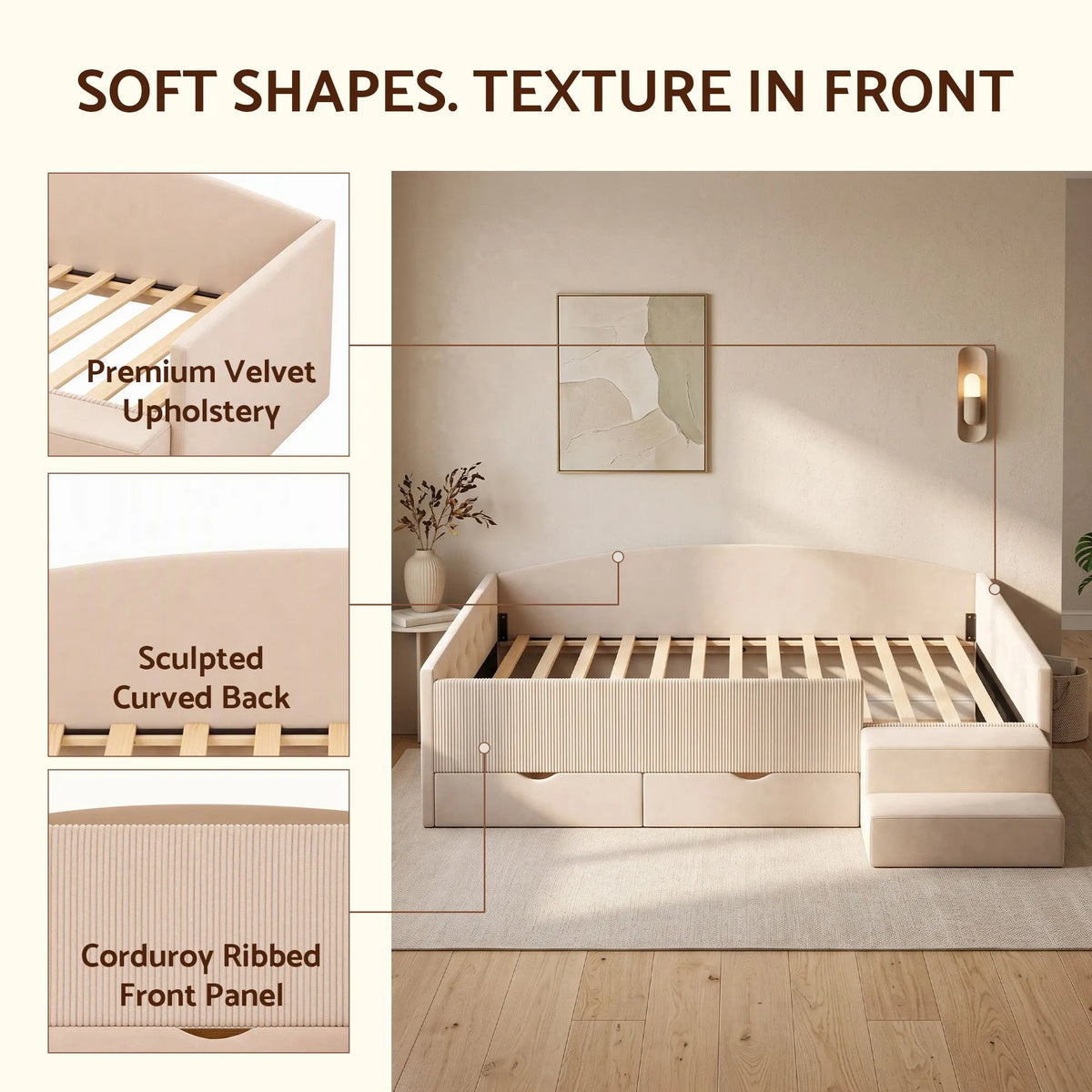 Artiss King Single Upholstered Daybed with Stairs & Storage Drawers, Beige - Image 7