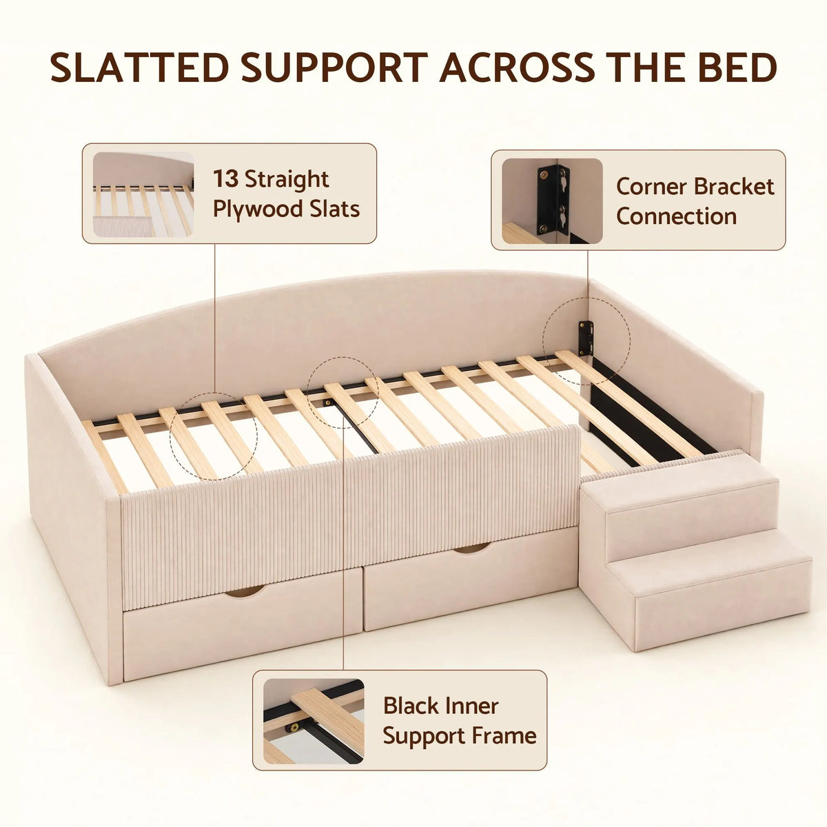Artiss King Single Upholstered Daybed with Stairs & Storage Drawers, Beige - Image 8