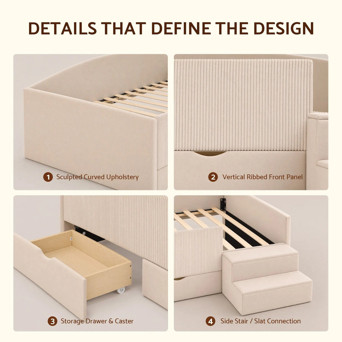 Artiss King Single Upholstered Daybed with Stairs & Storage Drawers, Beige - Image 9