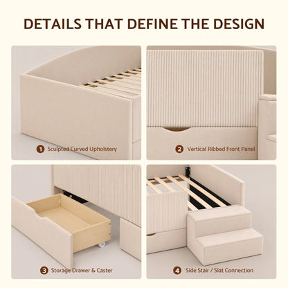 Artiss King Single Upholstered Daybed with Stairs & Storage Drawers, Beige - Image 9
