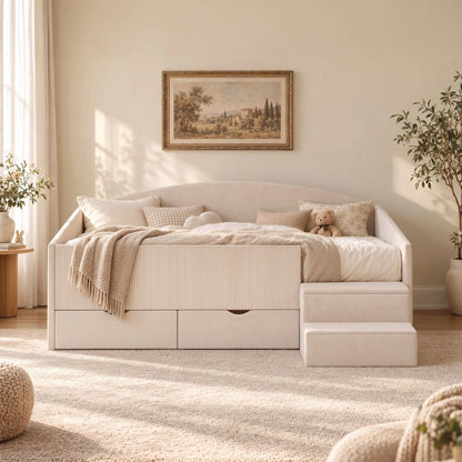 Artiss Single Upholstered Daybed with Side Stairs & Storage Drawers, Beige