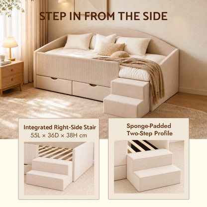 Artiss Single Upholstered Daybed with Side Stairs & Storage Drawers, Beige - Image 5