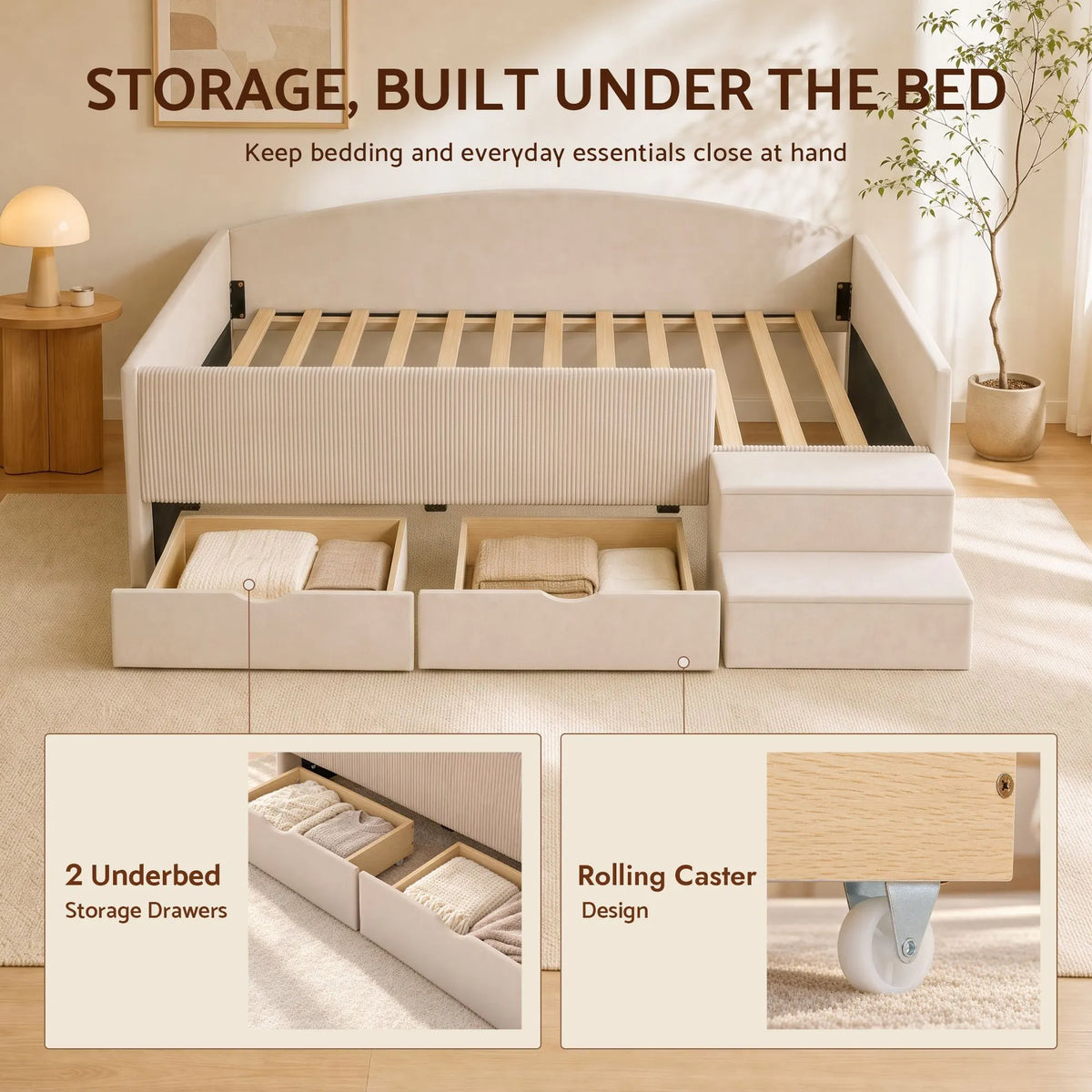 Artiss Single Upholstered Daybed with Side Stairs & Storage Drawers, Beige - Image 6