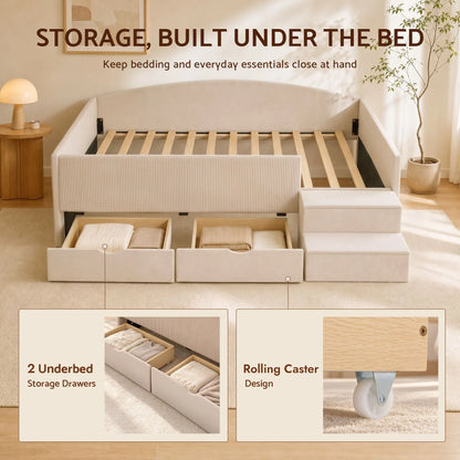 Artiss Single Upholstered Daybed with Side Stairs & Storage Drawers, Beige - Image 6
