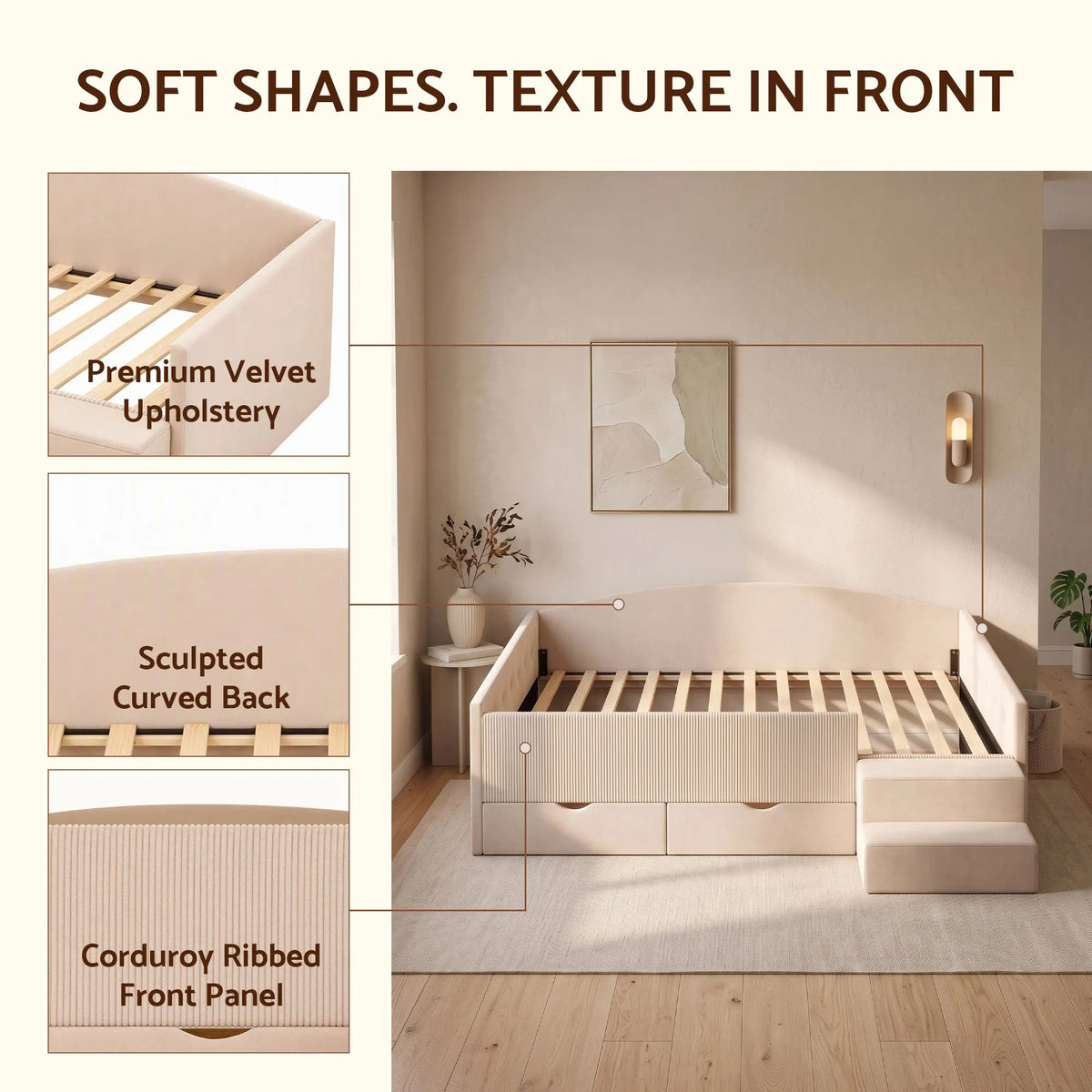 Artiss Single Upholstered Daybed with Side Stairs & Storage Drawers, Beige - Image 7