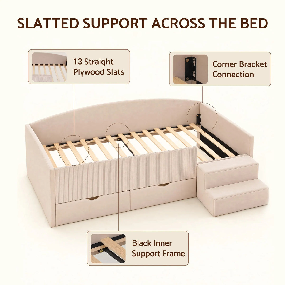 Artiss Single Upholstered Daybed with Side Stairs & Storage Drawers, Beige - Image 8