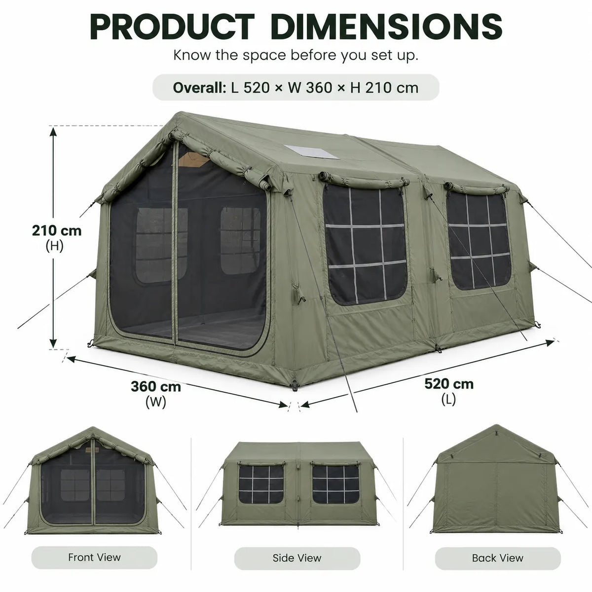 Weisshorn Inflatable Cabin Camping Tent Olive Green Mesh Entry 520x360cm - Image 2