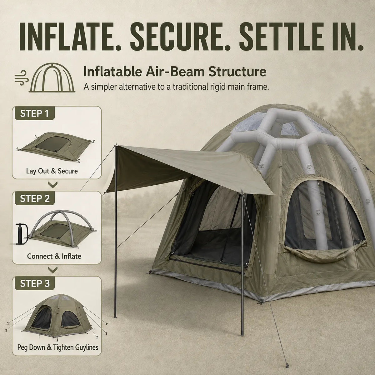 Weisshorn 4 Person Inflatable Camping Tent TC Canvas Sun Shade Rain-Ready - Image 2