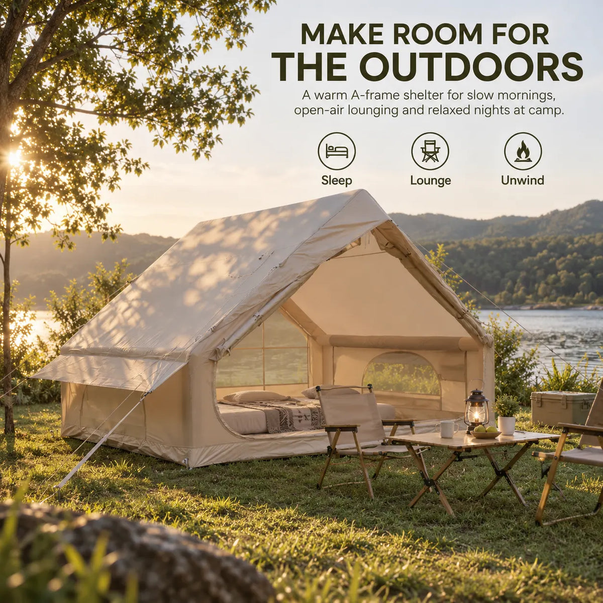 Weisshorn Inflatable A-Frame Camping Tent Large Outdoor Glamping Beige - Image 2