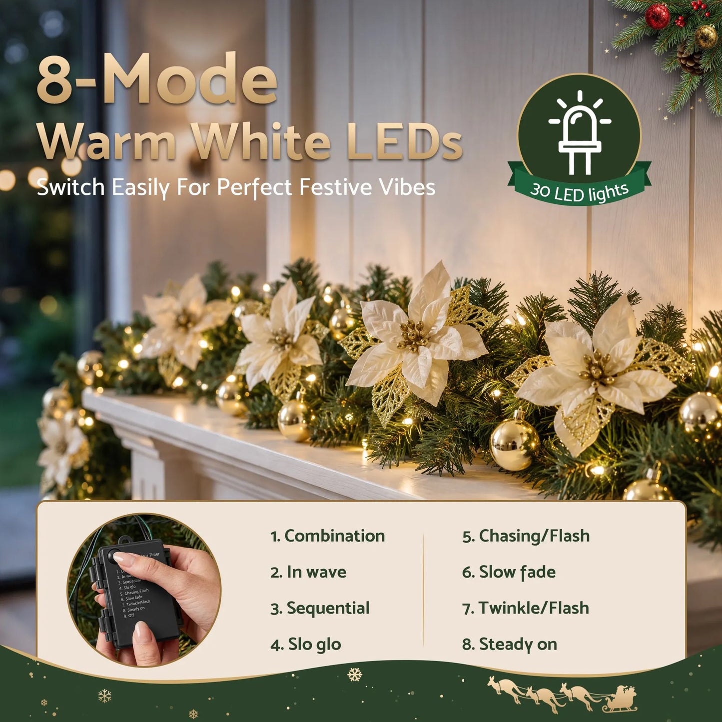 Jingle Jollys 2.7M Christmas Garland 8 Mode LEDs Timing 200 Tips Flowers Balls - Image 4
