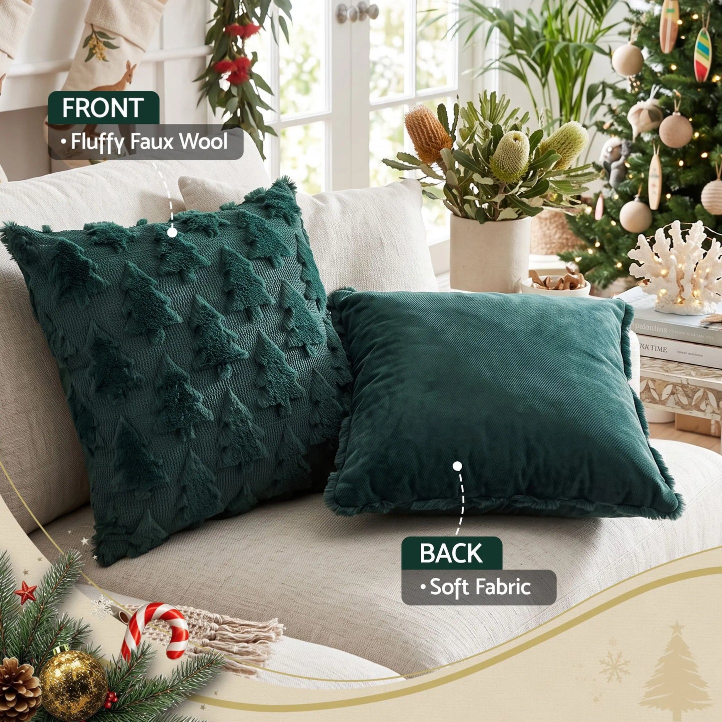 Jingle Jollys Christmas Tree Pillow Covers 2 Packs Cushion Covers Soft Faux Fur Jacquard Throw Pillow Covers 45 x 45cm Green  - Image 6