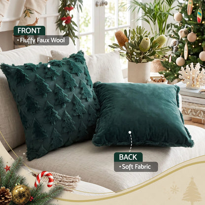 Jingle Jollys Christmas Tree Pillow Covers 2 Packs Cushion Covers Soft Faux Fur Jacquard Throw Pillow Covers 45 x 45cm Green  - Image 6