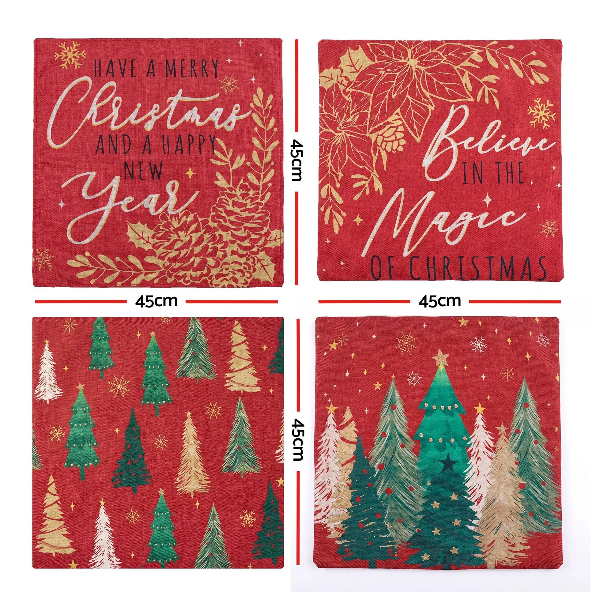 Jingle Jollys Christmas Cushion Covers Set of 4 Pillow Covers 45x45cm with 4 Cute Patterns Red - Image 2