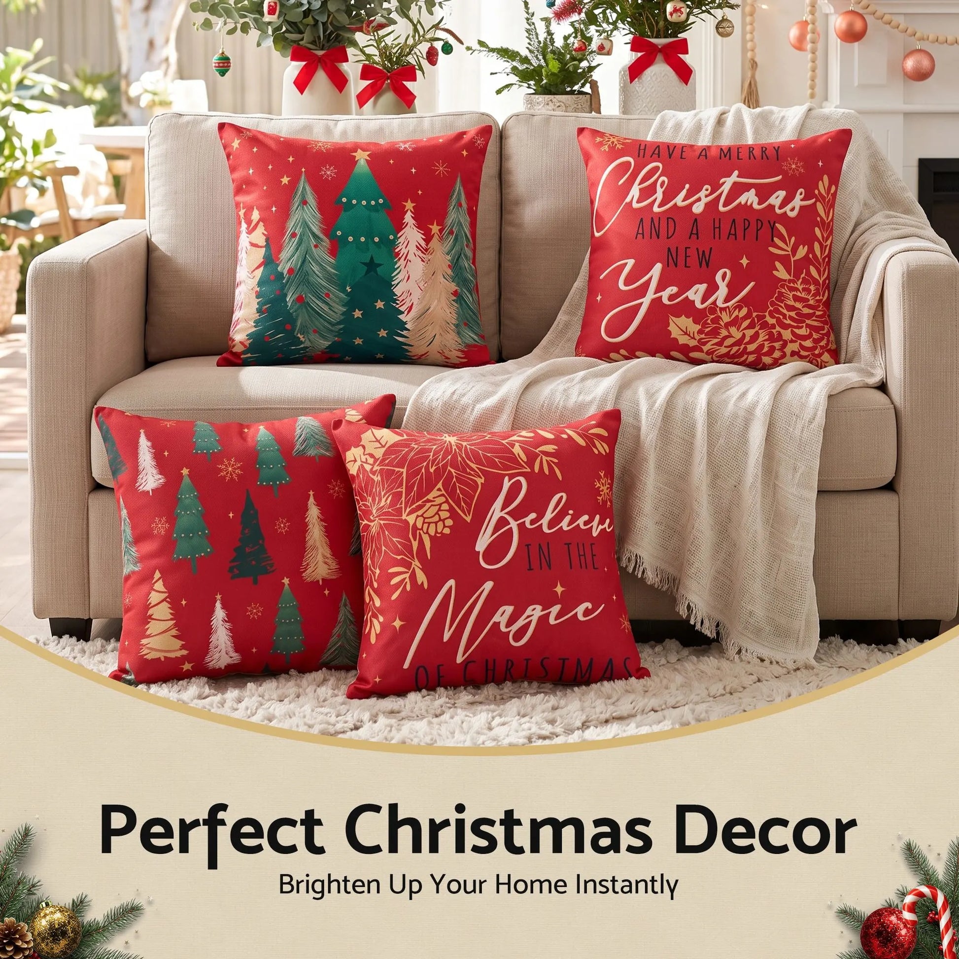 Jingle Jollys Christmas Cushion Covers Set of 4 Pillow Covers 45x45cm with 4 Cute Patterns Red - Image 6