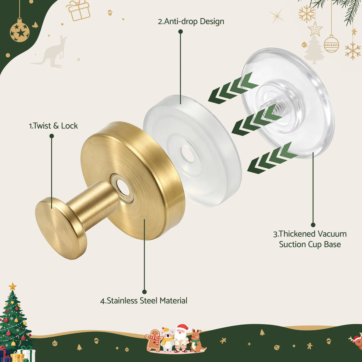 Jingle Jollys 2x Vacuum Suction Cup Christmas Wreath Hook Stainless Steel Heavy Duty 5kg - Image 6
