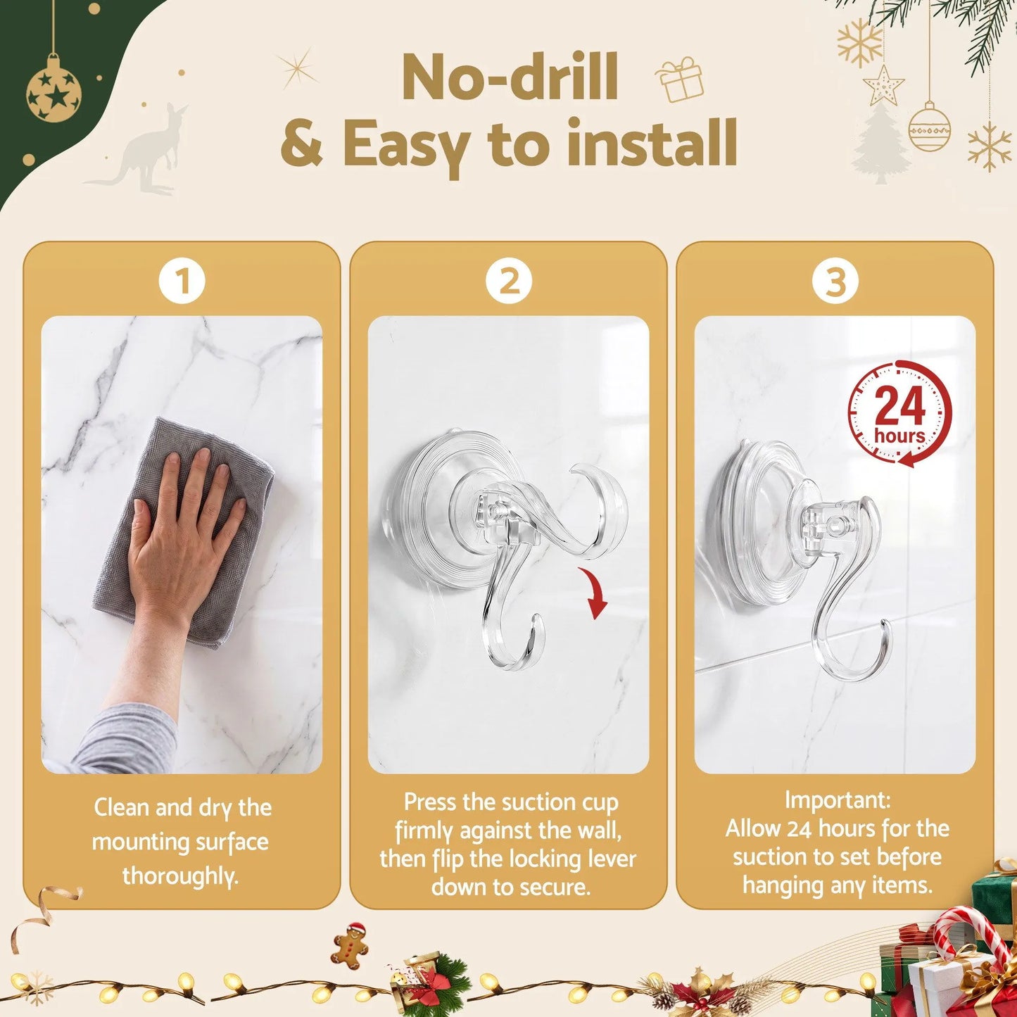 Jingle Jollys 2x Suction Cup Hooks Heavy Duty Christmas Wreath Hanger Window 5kg - Image 6