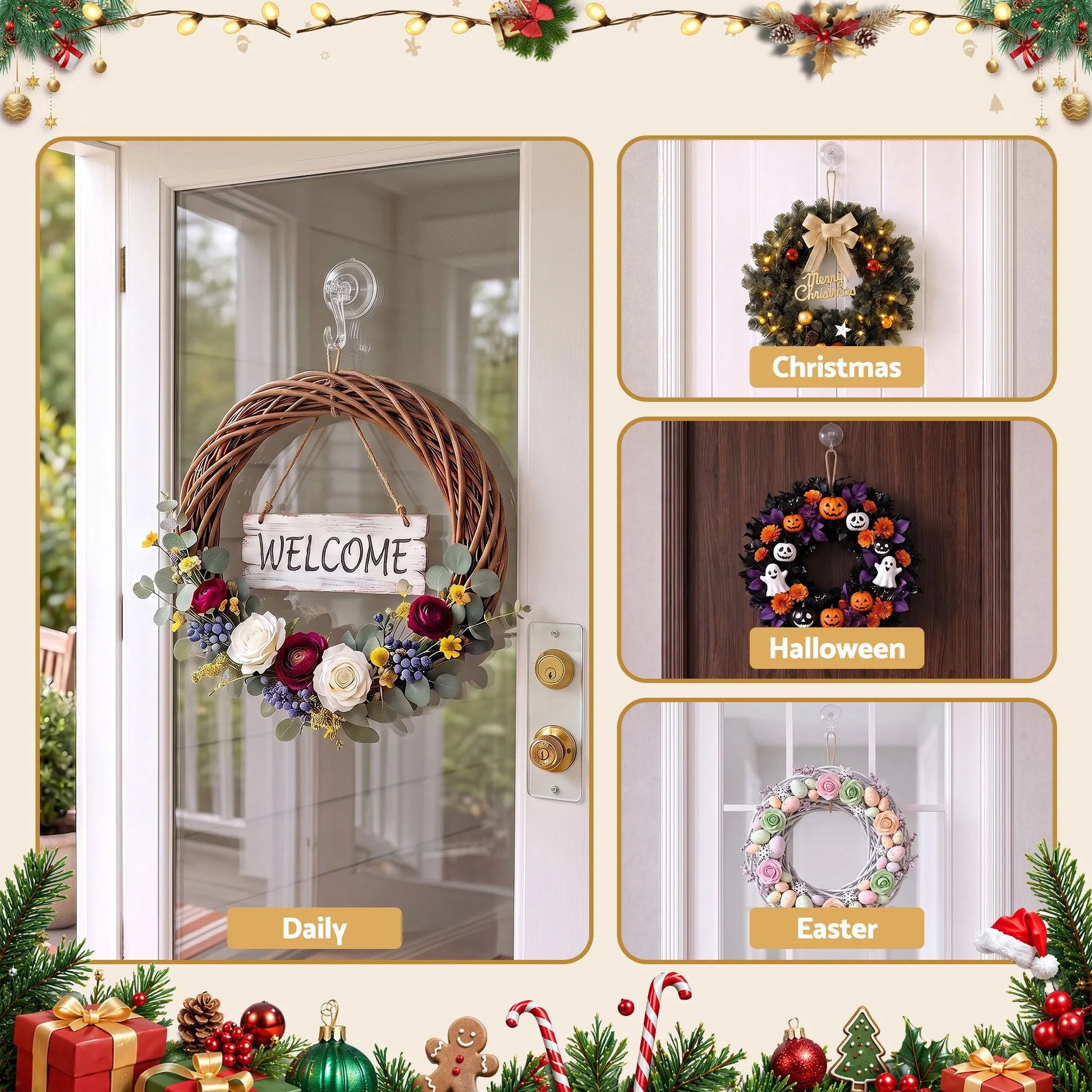 Jingle Jollys 2x Suction Cup Hooks Heavy Duty Christmas Wreath Hanger Window 5kg - Image 7