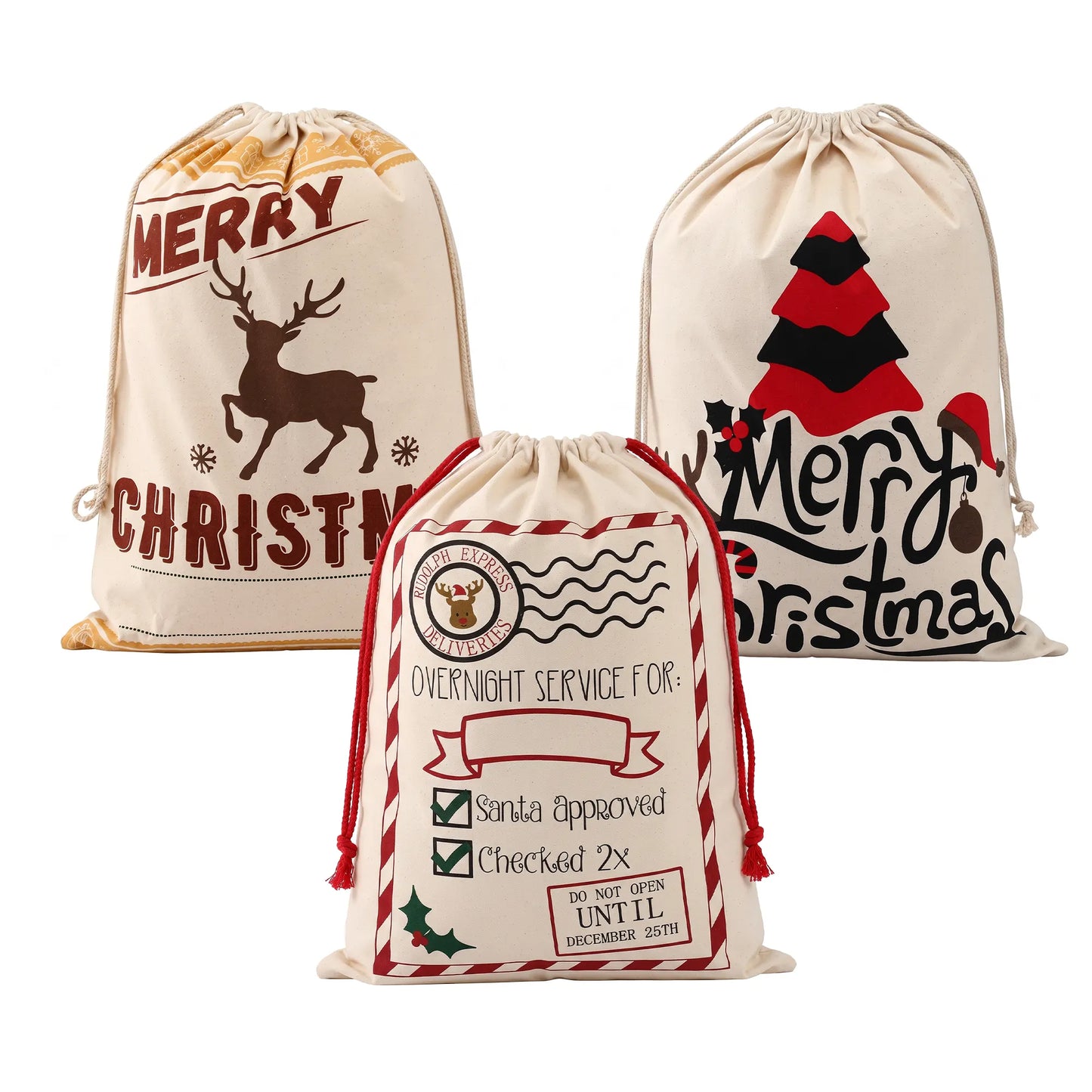 Jingle Jollys 3PCS Christmas Santa Sacks Large Reusable Personalised Canvas Gift Storage Bags