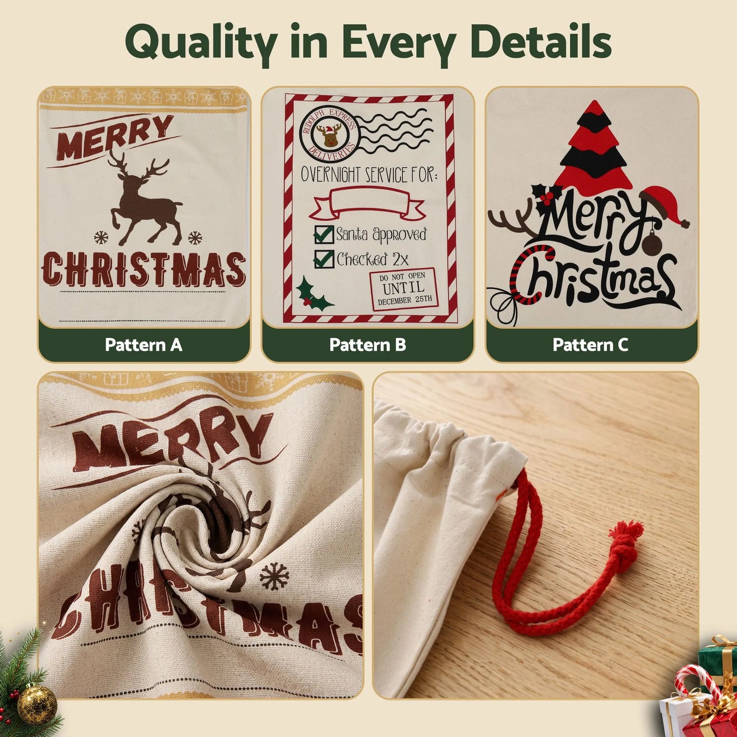 Jingle Jollys 3PCS Christmas Santa Sacks Large Reusable Personalised Canvas Gift Storage Bags - Image 4