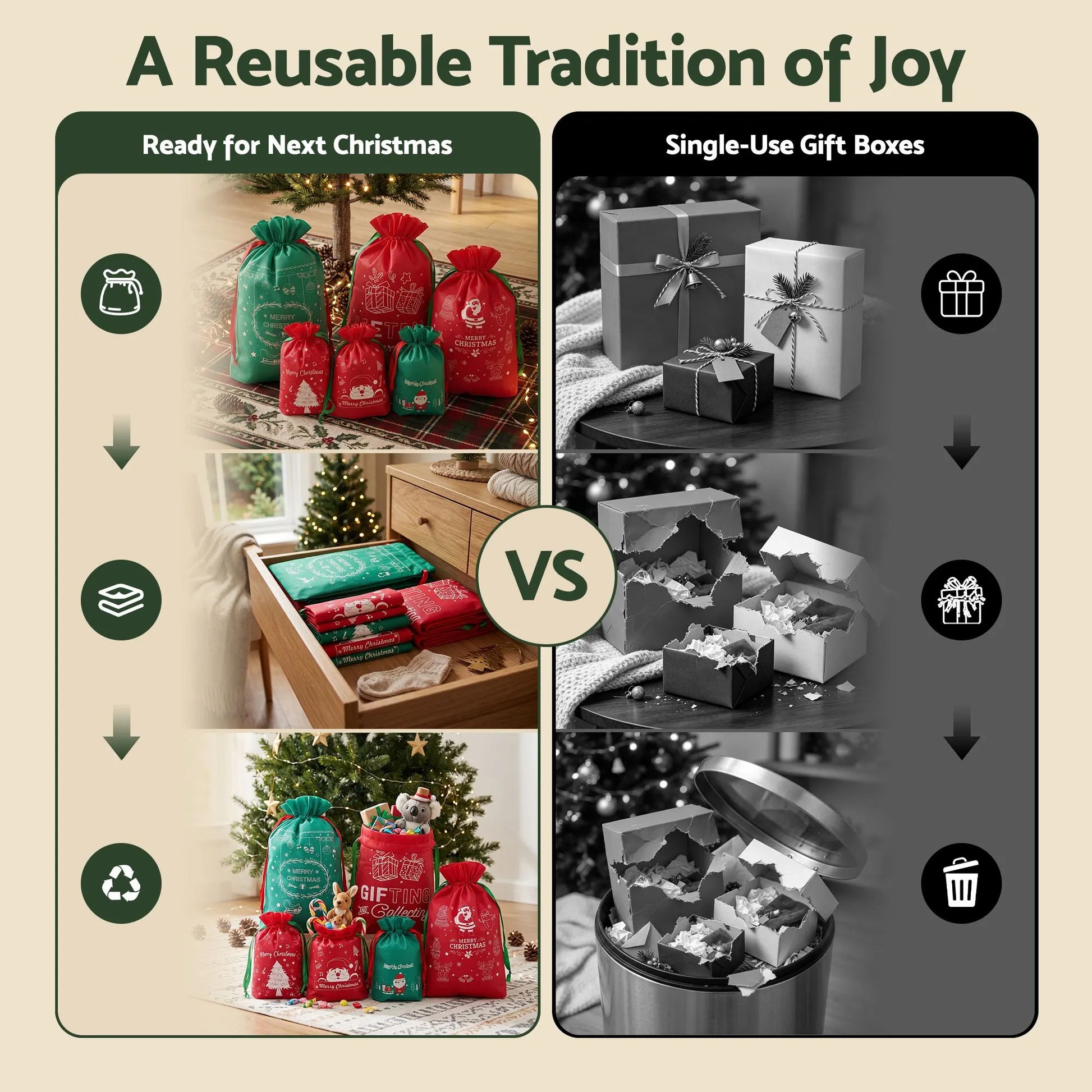 Jingle Jollys 6PCS Christmas Santa Sacks Drawstring Reusable Gift Storage Bags 2 Sizes - Image 7