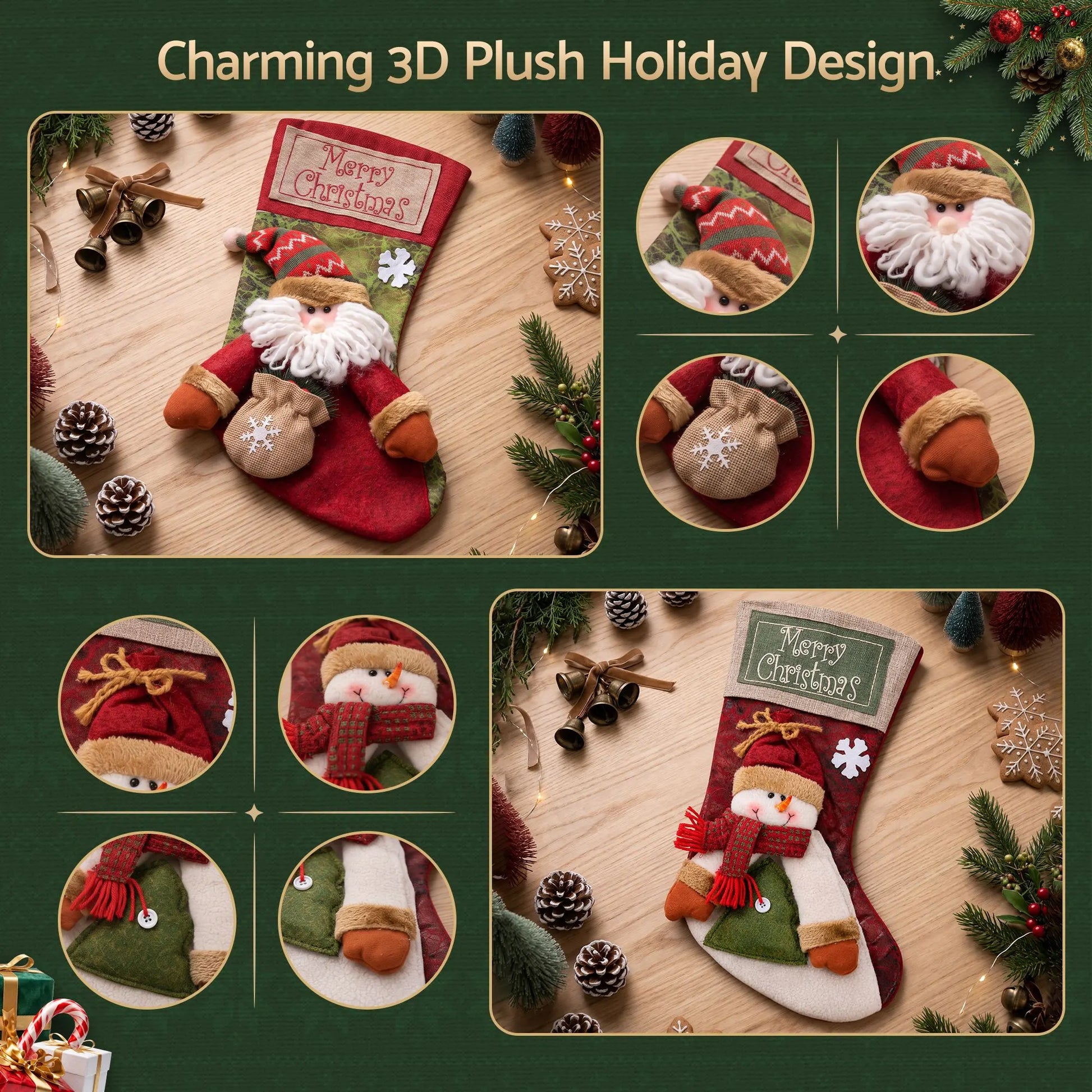 Jingle Jollys Christmas Stockings 2 Pack Large 3D Plush Santa Snowman 43.5cm Christmas Decor for Family Holiday Christmas Party Decorations - Image 4