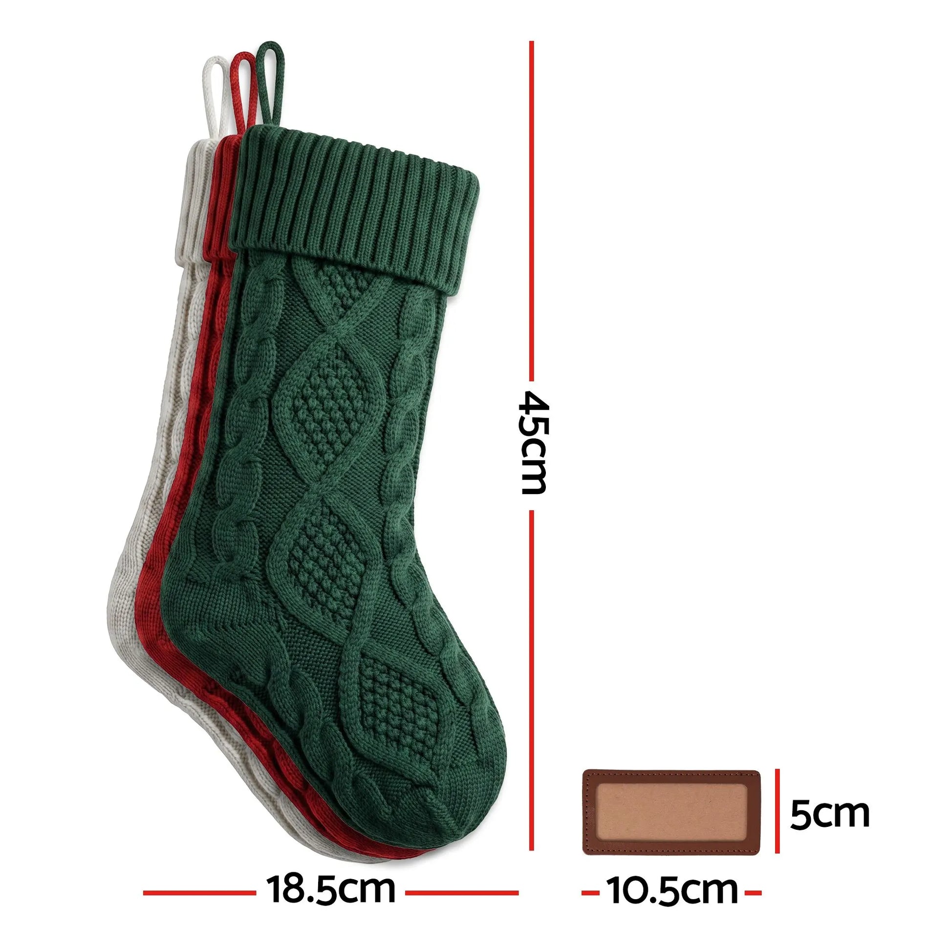 Jingle Jollys 3PCS Personalized Christmas Stockings with Leather Patches 16 Inch Knitted Solid Colour Xmas Decor For Fireplace Mantel, Christmas Tree, Home Decoration & Holiday Party Displays - Image 2