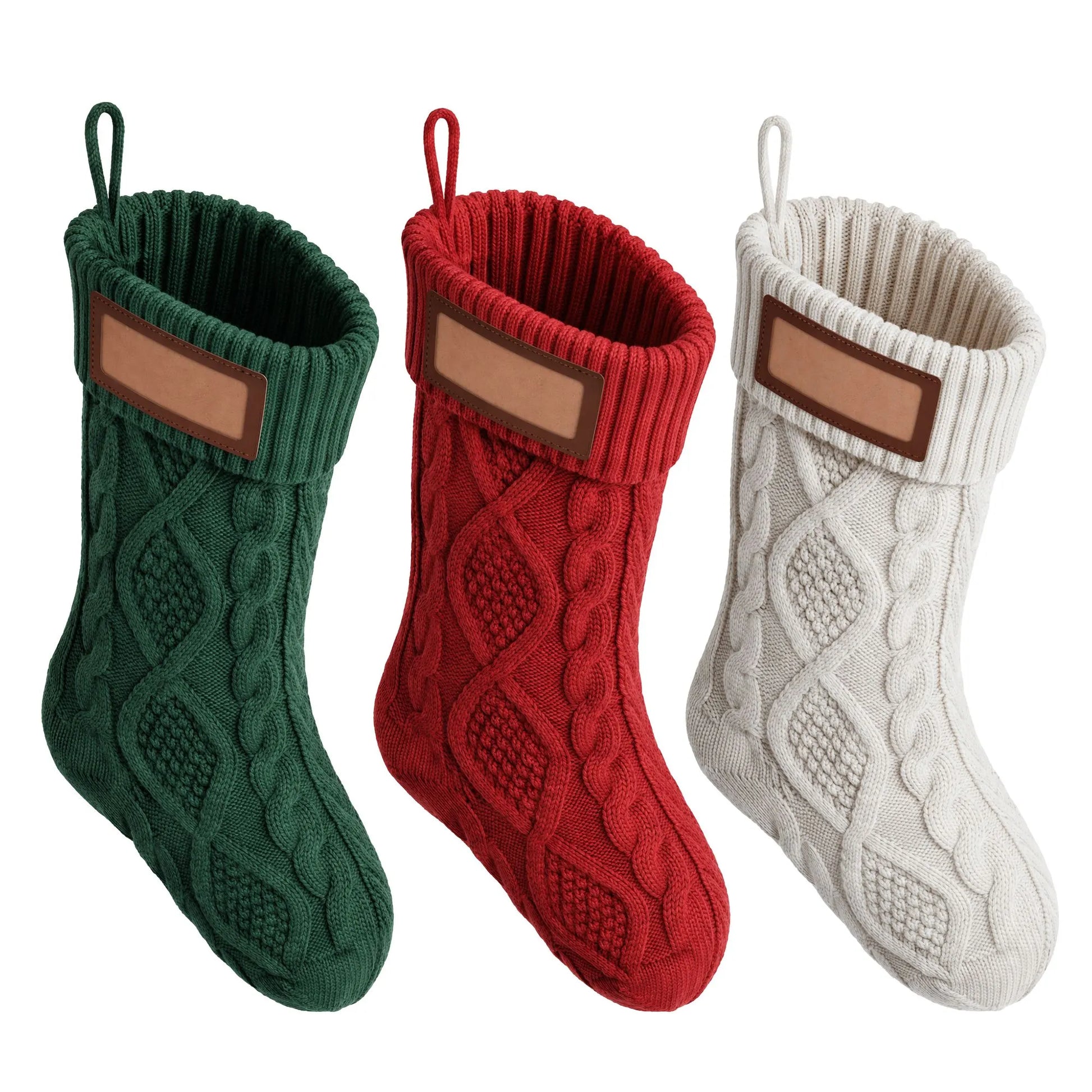 Jingle Jollys 3PCS Personalized Christmas Stockings with Leather Patches 16 Inch Knitted Solid Colour Xmas Decor For Fireplace Mantel, Christmas Tree, Home Decoration & Holiday Party Displays - Image 3