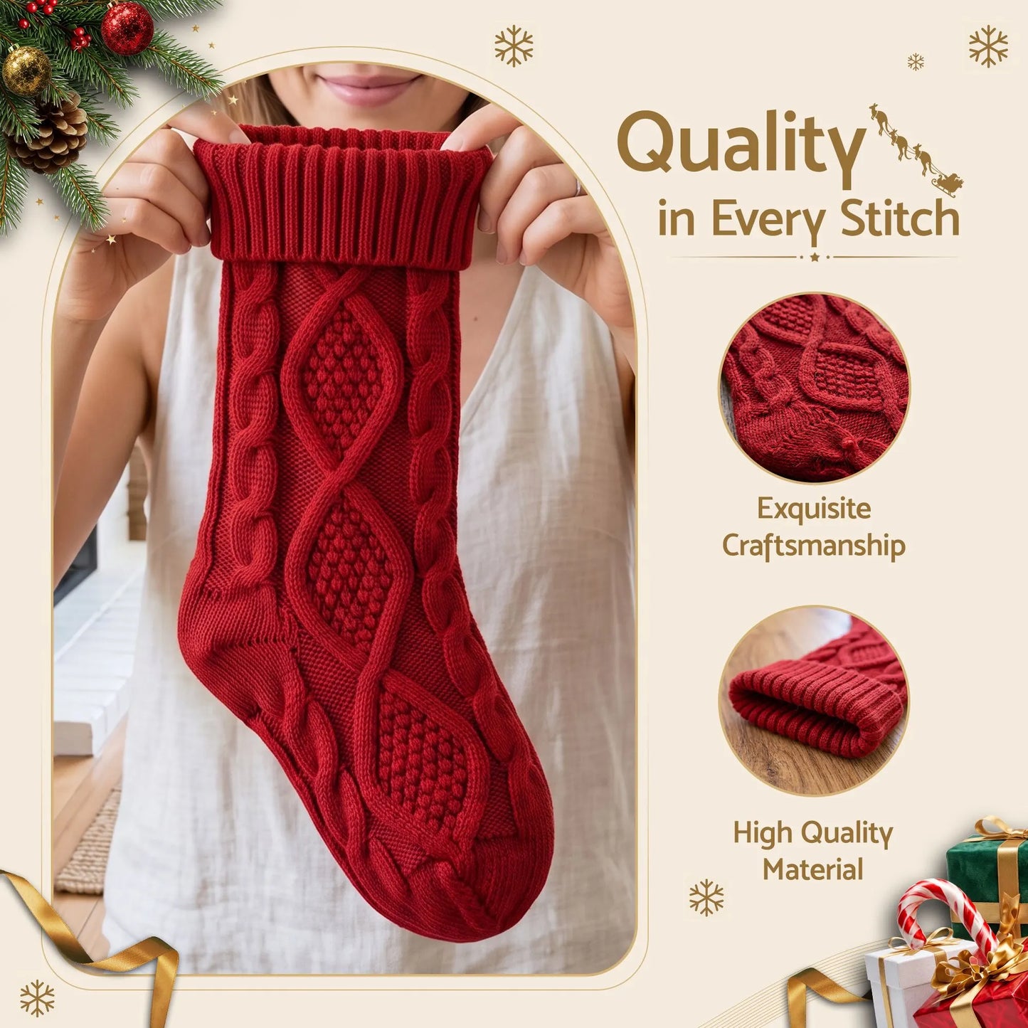 Jingle Jollys 3PCS Personalized Christmas Stockings with Leather Patches 16 Inch Knitted Solid Colour Xmas Decor For Fireplace Mantel, Christmas Tree, Home Decoration & Holiday Party Displays - Image 4