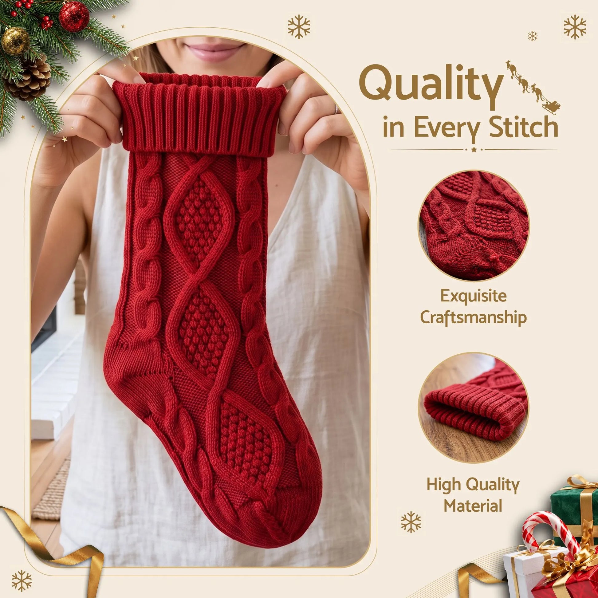 Jingle Jollys 3PCS Personalized Christmas Stockings with Leather Patches 16 Inch Knitted Solid Colour Xmas Decor For Fireplace Mantel, Christmas Tree, Home Decoration & Holiday Party Displays - Image 4