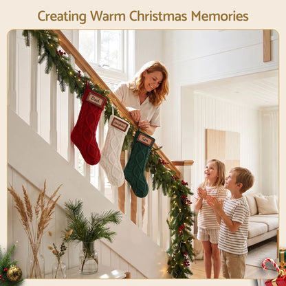 Jingle Jollys 3PCS Personalized Christmas Stockings with Leather Patches 16 Inch Knitted Solid Colour Xmas Decor For Fireplace Mantel, Christmas Tree, Home Decoration & Holiday Party Displays - Image 6