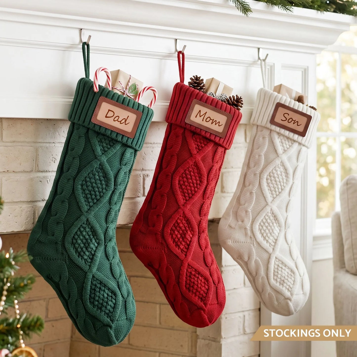 Jingle Jollys 3PCS Personalized Christmas Stockings with Leather Patches 16 Inch Knitted Solid Colour Xmas Decor For Fireplace Mantel, Christmas Tree, Home Decoration & Holiday Party Displays - Image 9