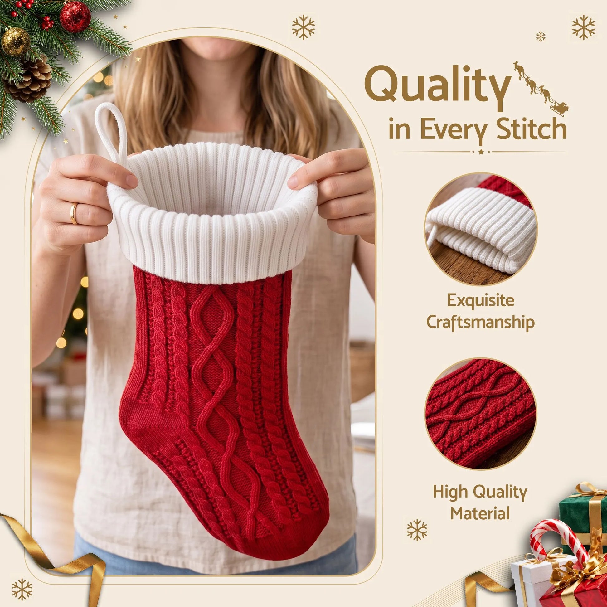 Jingle Jollys 3PCS Personalized Christmas Stockings with Leather Patches, 16 Inch Knitted Contrast Colour Xmas Hanging Decor For Fireplace Mantel, Christmas Tree, Home Decoration & Holiday Party Displays - Image 4