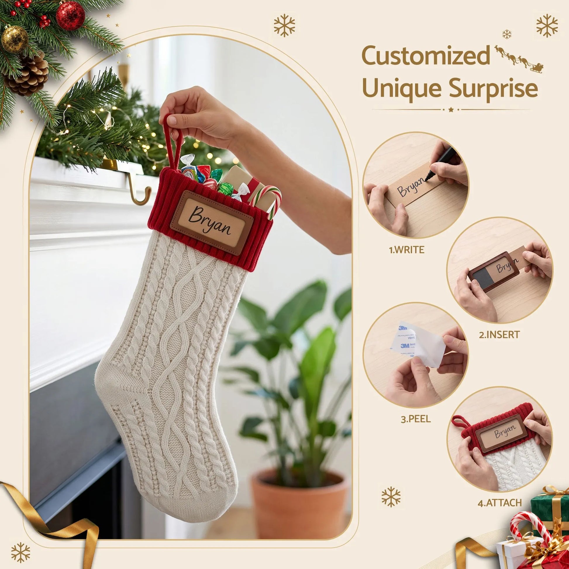 Jingle Jollys 3PCS Personalized Christmas Stockings with Leather Patches, 16 Inch Knitted Contrast Colour Xmas Hanging Decor For Fireplace Mantel, Christmas Tree, Home Decoration & Holiday Party Displays - Image 5