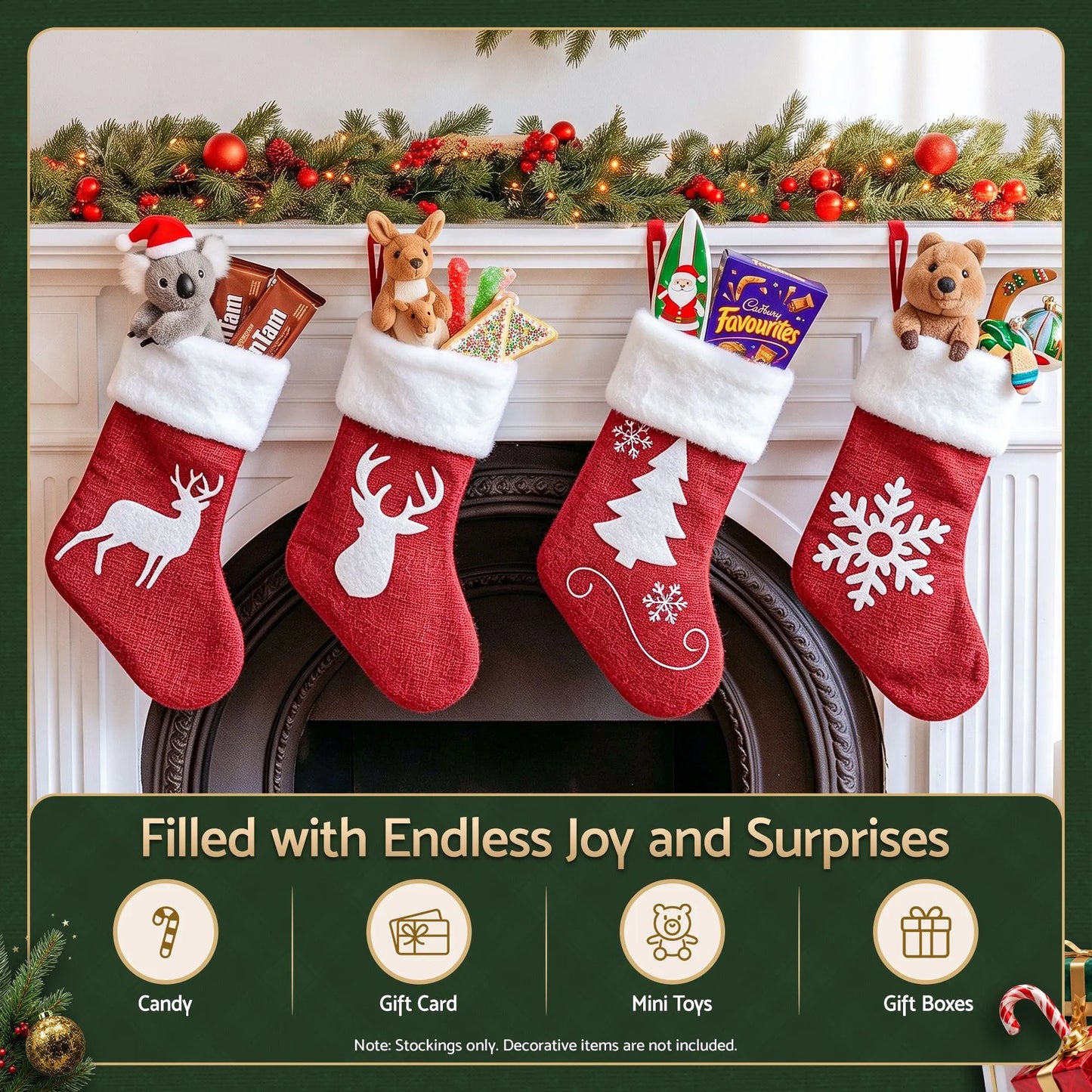 Jingle Jollys 4 Pack Large Velvet Christmas Stockings 46.5cm Red White Decor Perfect For Gift Ideal, Fireplace Mantels Christmas Trees Holiday Party Decorations - Image 5