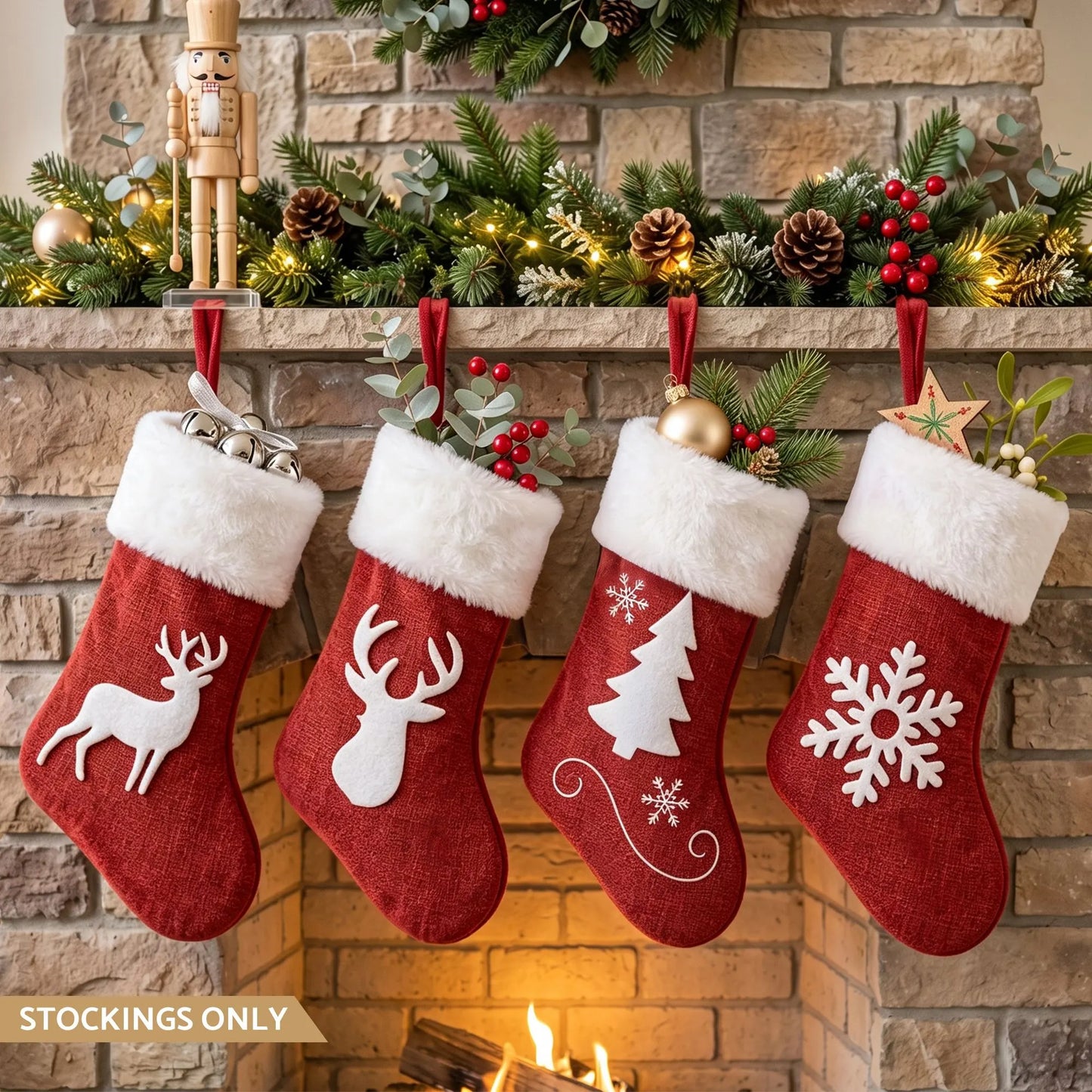 Jingle Jollys 4 Pack Large Velvet Christmas Stockings 46.5cm Red White Decor Perfect For Gift Ideal, Fireplace Mantels Christmas Trees Holiday Party Decorations - Image 9