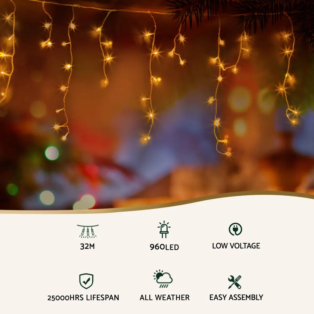 Jingle Jollys 32M Christmas Lights Icicle String Light 960 LED Decor Warm White - Image 4