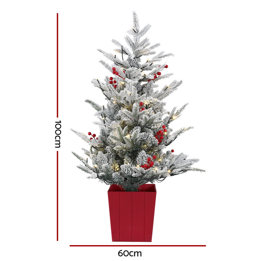 Jingle Jollys Christmas Tree 1M LED Potted Xmas Party Decor Red Barries Flocked - Image 2